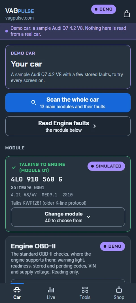 The VAGPULSE app on a phone: the Car tab with the connected engine module,
                    a scan button and the Car / Live / Tools / Shop bar along the bottom