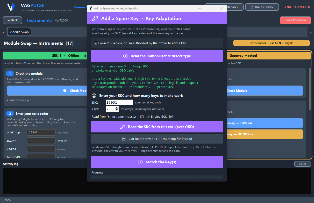 VAGPULSE Add a Spare Key wizard — detects the immobiliser, reads the SKC from the car and matches the key