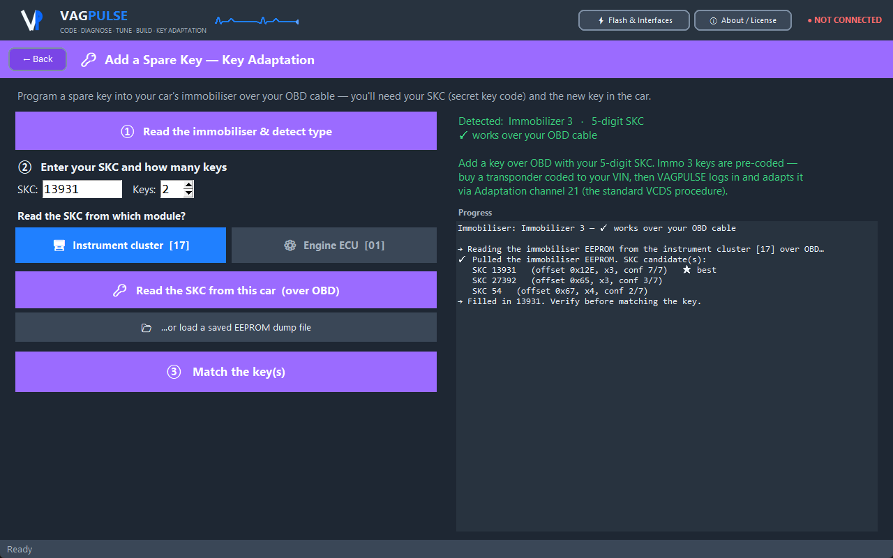 VAGPULSE Add a Spare Key page — detect the immobiliser, read the SKC from the cluster or ECU, match the key