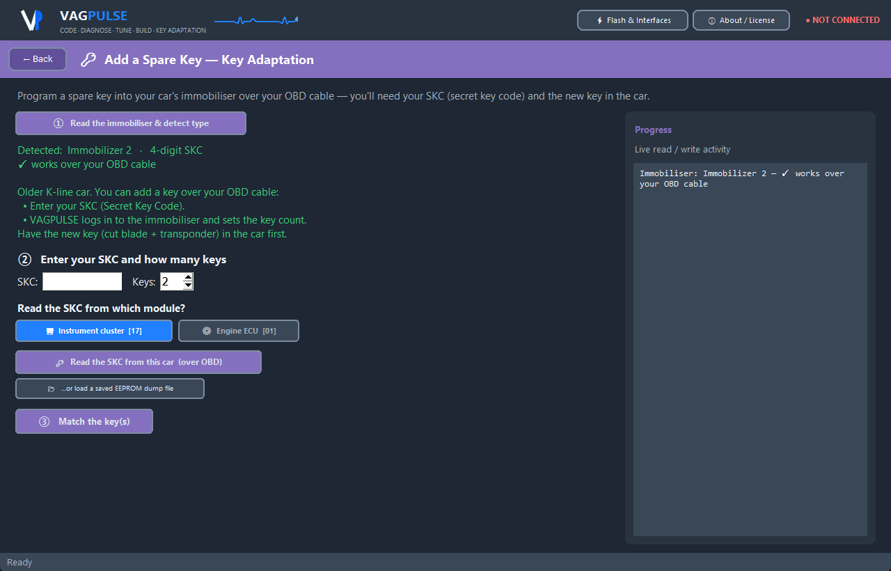 VAGPULSE Add a Spare Key page — detect the immobiliser, read the SKC from the cluster or ECU, match the key