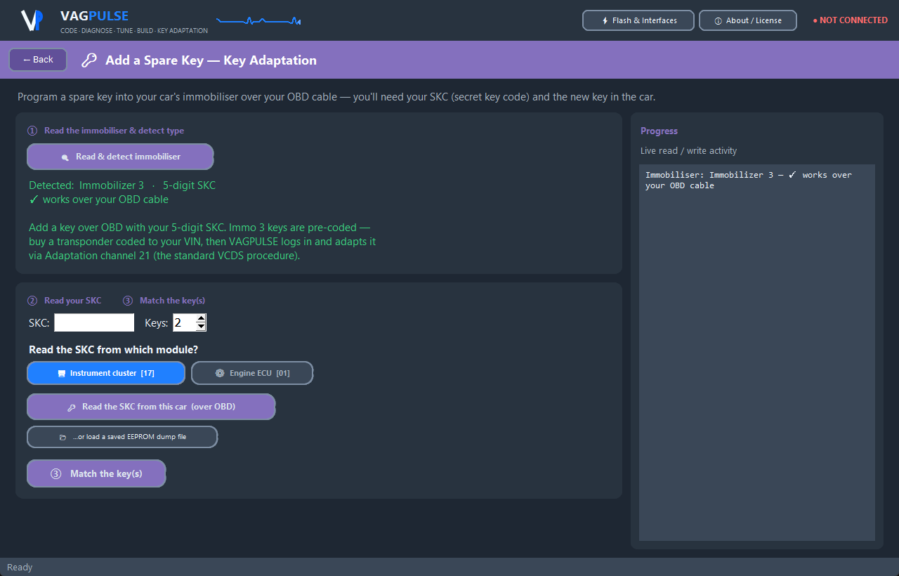 VAGPULSE Add a Spare Key page — detect the immobiliser, read the SKC from the cluster or ECU, match the key
