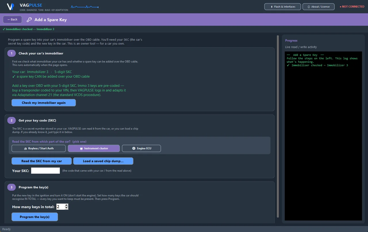 VAGPULSE Add a Spare Key page — detect the immobiliser, read the SKC from the cluster or ECU, match the key