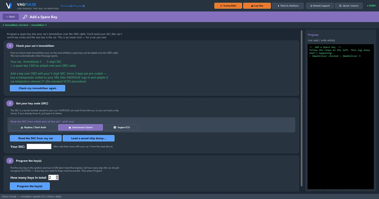 VAGPULSE Add a Spare Key page — detect the immobiliser, read the SKC from the cluster or ECU, match the key