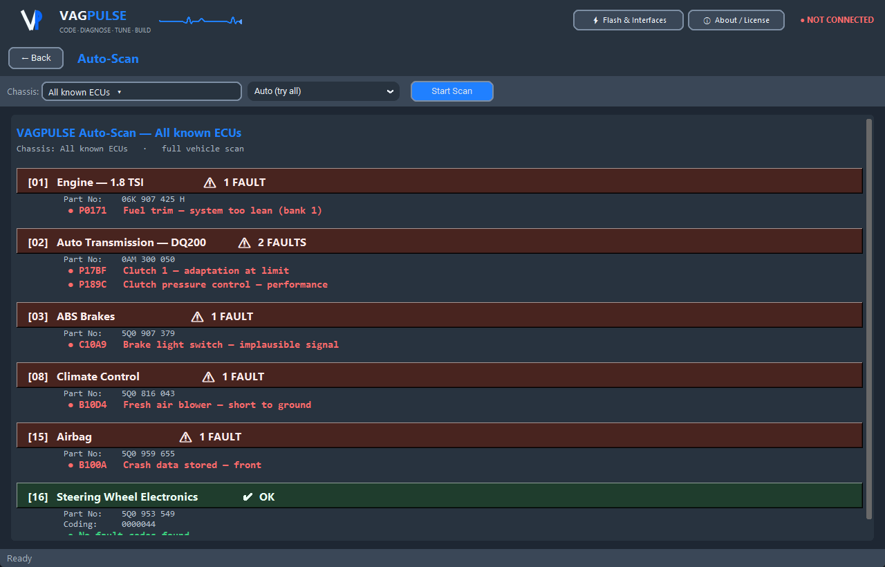 VAGPULSE auto-scan — full vehicle, multiple faults