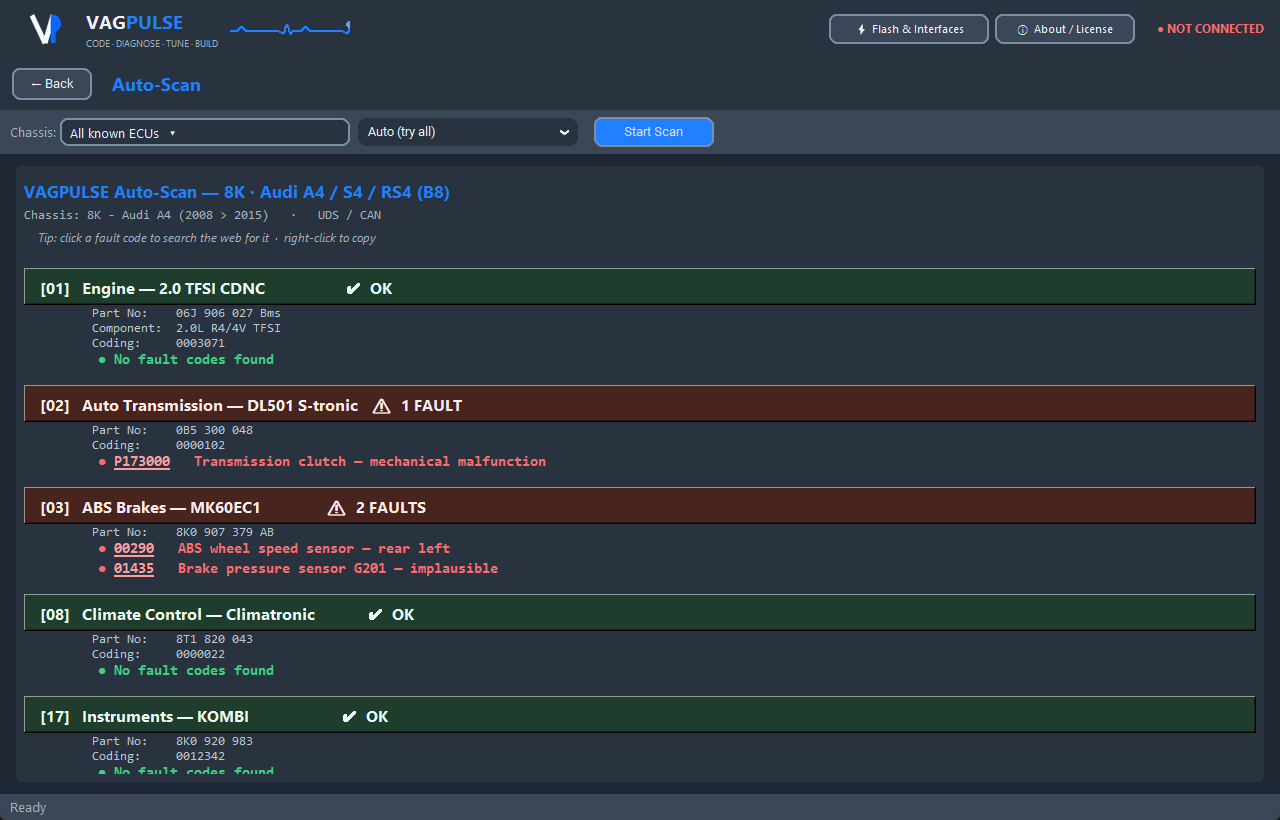 VAGPULSE full auto-scan with fault codes